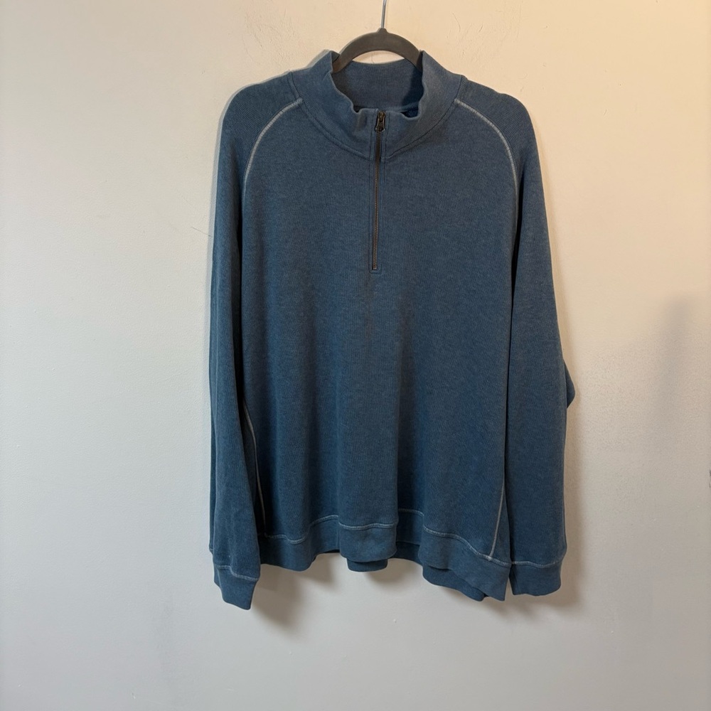 LL Bean Men's Blue Quarter-Zip Sweater Cotton Raglan Sleeves XXL